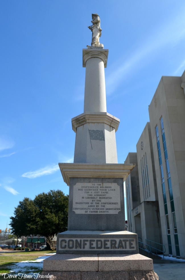"To The Confederate Soldiers who sacrificed their lives for a just cause, this monument is lovingly dedicated by the Daughters of the Confederacy, aided by the Confederate Veterans Association of Fanning County." "From 1861 to 1865, they fought for principle, their homes, and those they loved. On Fame's eternal camping ground their silent tents are spread, and glory guards, with solemn round, the bivouac of the dead."